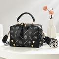 Black leather Boston handbag with geometric woven strap and gold-tone hardware - Black
