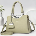 Olive green lychee pattern leather tote bag with silver metal decor and mini pouch - Green