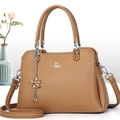 Brown litchi grain leather tote bag with David Jones Paris logo and floral charm - Yellow