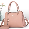 Pink David Jones tote bag with pebbled leather texture and elegant floral pendant - Pink