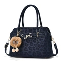 Vintage navy blue leopard print handbag with gold chain and lion plush charm for women - Blue