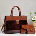 Three-piece brown patent leather handbag set featuring chic snakeskin embossed details - Earthy Yellow