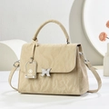 Large cream tote bag with marble texture and silver butterfly buckle for women - Khaki