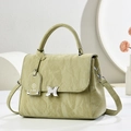 Large capacity olive green textured handbag for women with silver butterfly buckle - Green