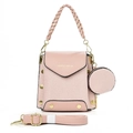 Pink large capacity shoulder bag with woven handle and matching coin purse set - Pink