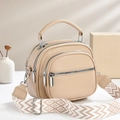 Beige triple zip crossbody bag with woven bohemian strap and lychee grain texture - 21x18x9cm / Khaki