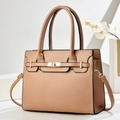 Chic camel lychee pattern leather handbag with gold metal clasp and adjustable shoulder strap - Khaki