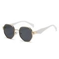 Octagonal gold metal sunglasses with dark gray lenses and white temples in 45-degree view - Gold Frame White Leg Full Grey Lens