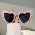 Lunettes de soleil cœur rose avec lettres Birthday Queen, perles et strass arc-en-ciel - Monture Rose Lentille Grise