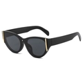 Retro cat-eye sunglasses in glossy black resin with gold metal accents from a side view - Black Frame Grey Lens