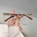 Square cat-eye glasses with beige marble upper frame and gold metal lower trim - Marble Frame Transparent Tea Leg