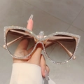 Champagne gold cat eye sunglasses with rhinestones and brown gradient lenses - Champagne Frame Gradient Tea Lens White Rhinestones