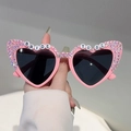 Pink heart-shaped Bride To Be sunglasses with gradient rhinestones for bachelorette party - Pink Frame Grey Lens