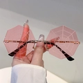 Pink spider web rimless hexagonal sunglasses with gold metal frame and black temple tips - Pink