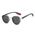 Men's round metal sunglasses with gold frame, dark lenses and red cutout temples - Gold Frame Grey Lens