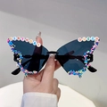 Butterfly party sunglasses in black with rainbow trim and Birthday Queen bead lettering - Black and Gray