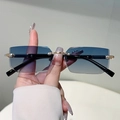 Fashionable rimless rectangle sunglasses with blue gradient lenses and gold metal hardware - Black Gold Frame Gradient Blue Lens