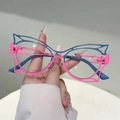 Pink and blue hollow butterfly frames blue light blocking glasses shown in hand - Grey Blue and Pink Bicolor Frame Clear Lens