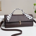 Deep brown lychee pattern leather crossbody bag with polka dot scarf handle - Coffee