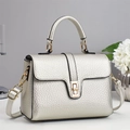 Elegant champagne leather handbag with gold metal twist lock and detachable shoulder strap - Silver