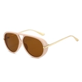 Pink aviator sunglasses with tan lenses and gold metal temples in a stylish 45-degree view - Pink Frame Grey Tea Lens