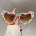 Cat-eye heart sunglasses with white pearls and colorful candy beads for party and festival - Glitter Yellow Frame Gradient Tea Lens