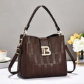 Deep brown embossed leather handbag for women featuring a gold B logo clasp and dual straps - Coffee