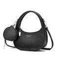 Elegant black crescent shoulder bag in pebble leather with a small round coin purse - Black