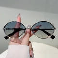Vintage oval metal sunglasses with silver bead decor and gradient tinted lenses - Gunmetal Frame Blue Yellow Gradient Lens