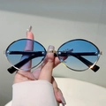 Oval metal sunglasses with gradient blue lenses and sleek golden slim frame - Gold Frame Gradient Blue Lens