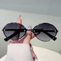 Oval punk sunglasses with silver rivets and gradient grey lenses on a thin metal frame - Gunmetal Frame Gradient Grey Lens