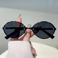 Fashion punk oval sunglasses with black metal frame and dark grey lenses for driving - Black Frame Grey Lens