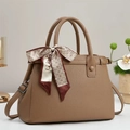 Brown litchi grain leather handbag with decorative printed silk scarf and crossbody strap - 30x21x12cm / Light Khaki