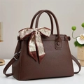 Deep brown lychee texture tote bag with elegant silk scarf and adjustable shoulder strap - 30x21x12cm / Coffee