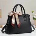 Elegant black lychee leather handbag with a decorative silk scarf and crossbody strap - 30x21x12cm / Black