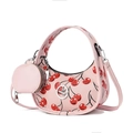 Rosafarbene Halbmond-Umhängetasche mit Kirschprint und passendem kleinem Rundbeutel - Rosa