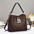 Deep brown crocodile embossed PU leather bucket bag with gold B buckle and crossbody strap - Coffee