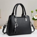 Classic black litchi pattern leather tote bag with silver hardware and star pendant - Black