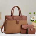 Three-piece brown faux leather handbag set with tote, wallet and card holder - Earthy Yellow