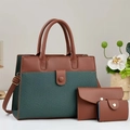 Set di 3 borse in pelle marrone e tessuto verde con borsa a mano, pochette e porta carte - Verde