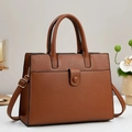 Brown litchi grain leather bucket bag with top handles and adjustable strap in soft leather - Earthy Yellow