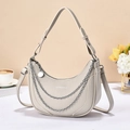 Beige crescent saddle bag with double silver chains and lychee grain leather texture - Off White