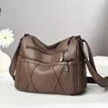 Dark brown leather shoulder bag with lychee texture and multi-layer zipper pockets - Dark Gray-brown