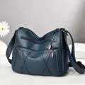Deep blue lychee pattern soft leather crossbody bag with multi-layer metal zippers - Ink Blue