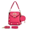 Fuchsia crocodile texture handbag set with flamingo heart crystal logo and gold studs - Rose Red
