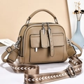 Khaki large capacity crossbody bag in premium PU leather with geometric woven strap - Khaki