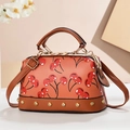 Chic women's crossbody bag with cherry print, brown handles and gold stud details - Khaki/Earth Yellow