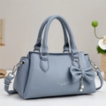 Litchi pattern grey-blue large capacity tote bag with pearl bow charm and shoulder strap - Blue