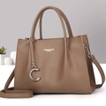 Brown lychee leather tote bag with double handles, silver pendant and shoulder strap - Dark Khaki