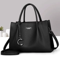 Detail of black pebbled leather tote with silver C pendant and fashion letter print - Black